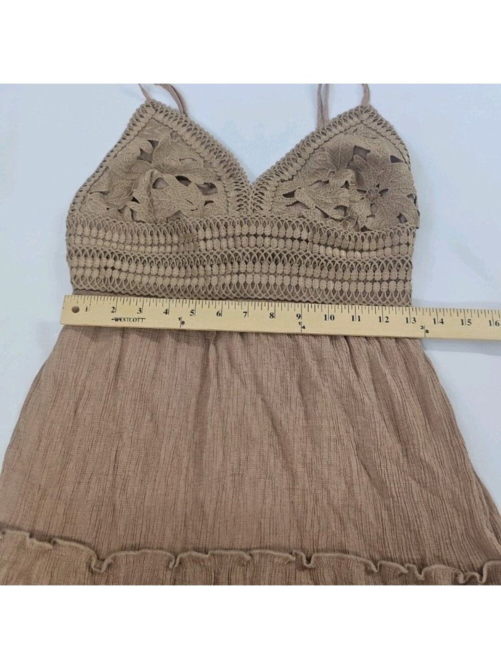 Love Tree Boho Maxi Dress L Beige Open Back Crochet Festival Beach Cottagecore - Picture 9 of 16